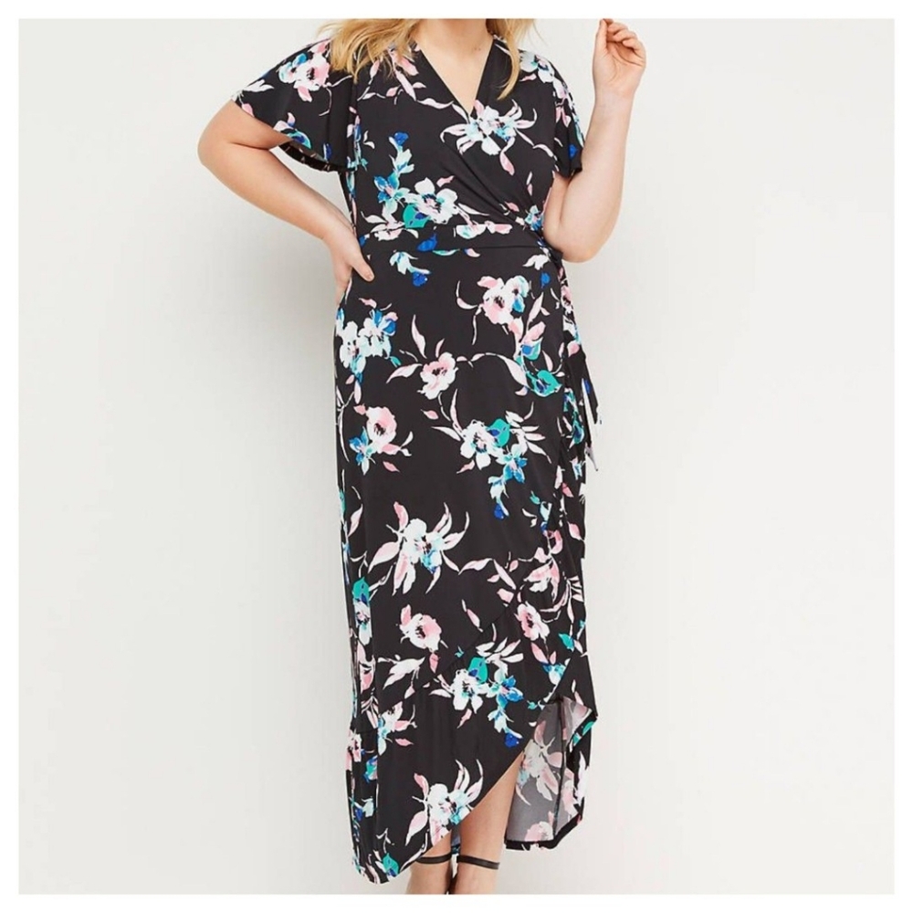 Lane Bryant Soft Stretch Floral Faux Wrap Tie Maxi Dress - Black Ruffle Sleeves - Picture 2 of 10